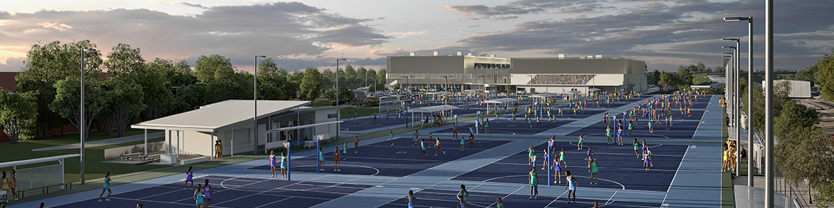 Render of the netball outdoor courts at the Mile End Sports Complex